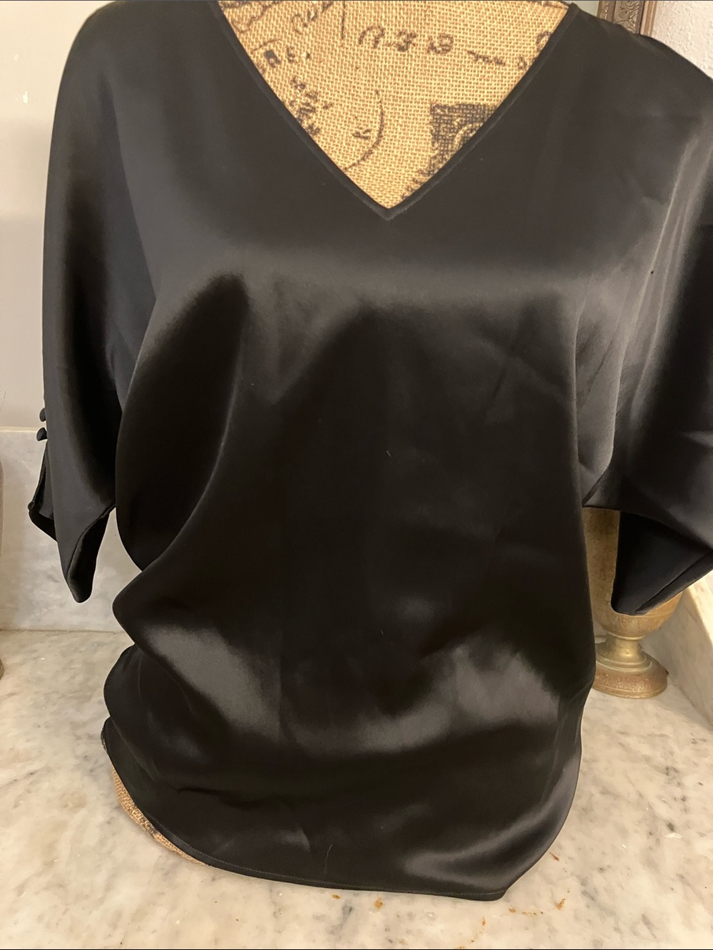 St. John Black Satin-Look Blouse Covered Buttons So Soft Better Than Silk!